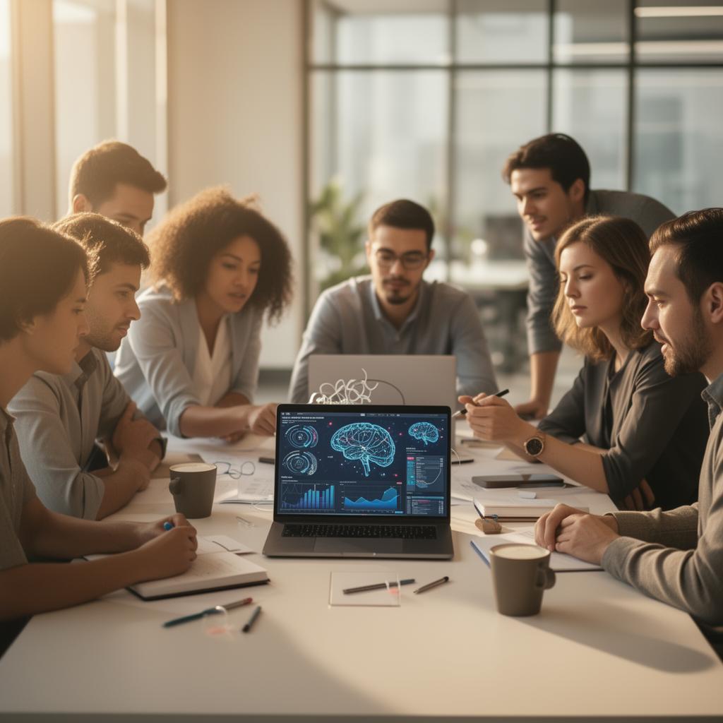 Diverse team collaborating around a laptop showing AI insights