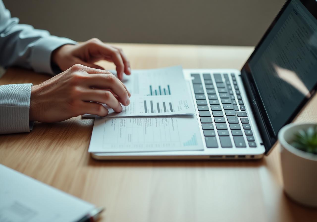 Hands reviewing invoices alongside a laptop spreadsheet