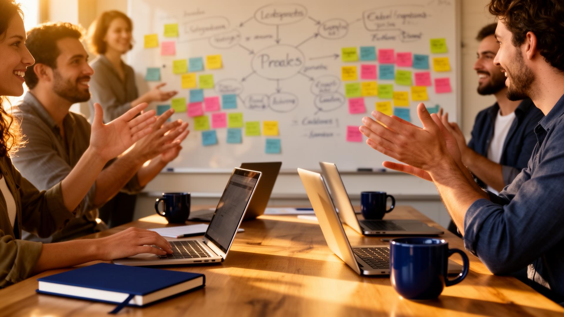 A cross-functional team collaborating around a whiteboard covered in sticky notes and diagrams, with laptops and navy notebooks on a sunlit table