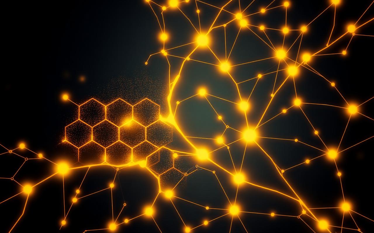 Honeycomb pattern intersecting with a glowing neural network