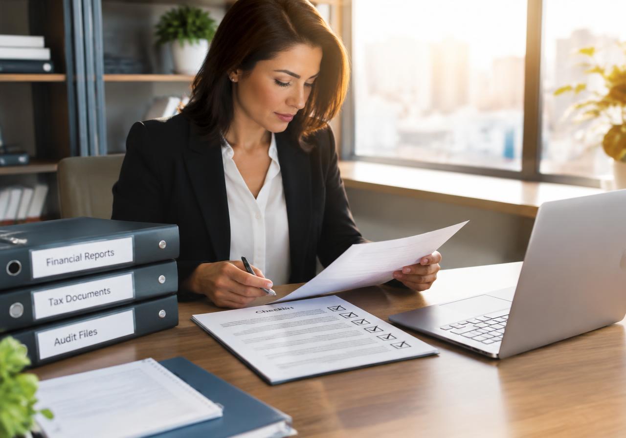 Professional reviewing organized financial records and a control checklist