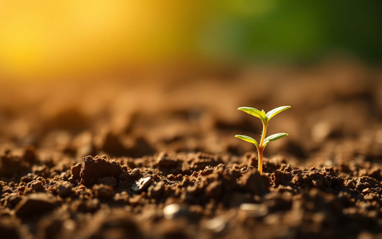 A small seedling sprouting from soil in warm light