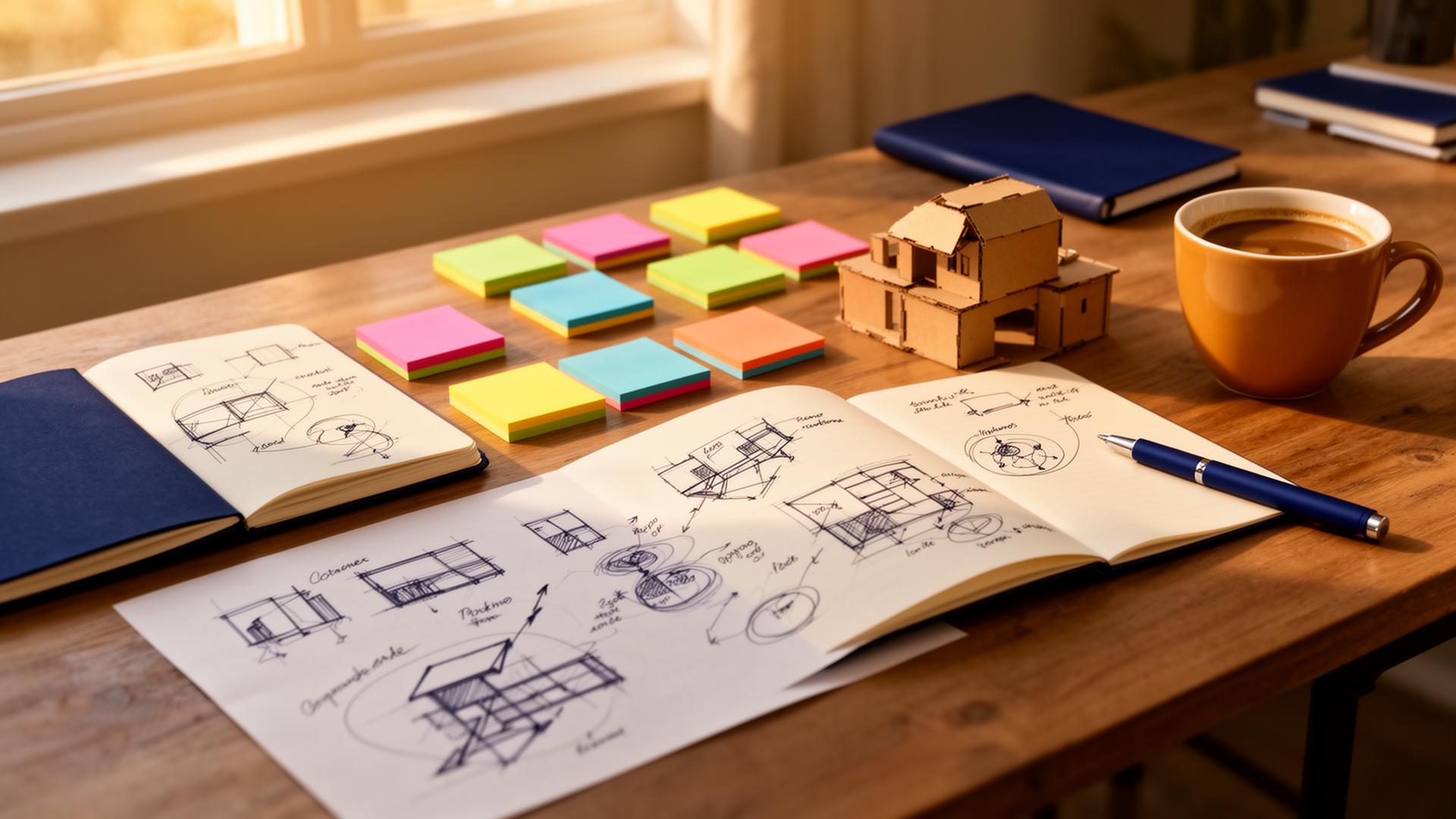 A warm, sunlit workspace with hand-drawn sketches, colorful sticky notes, a navy notebook, and a small cardboard prototype