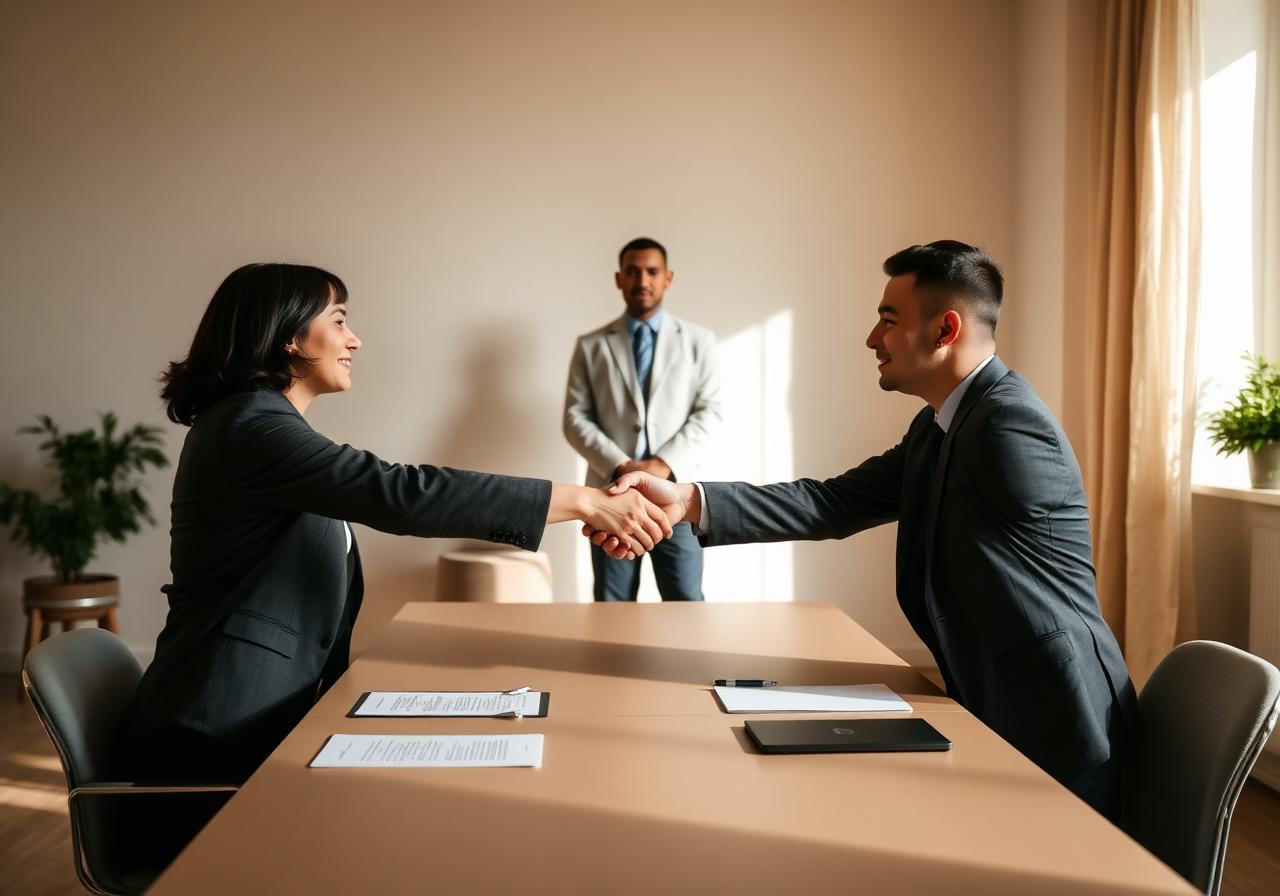 Two professionals shaking hands across a mediation table