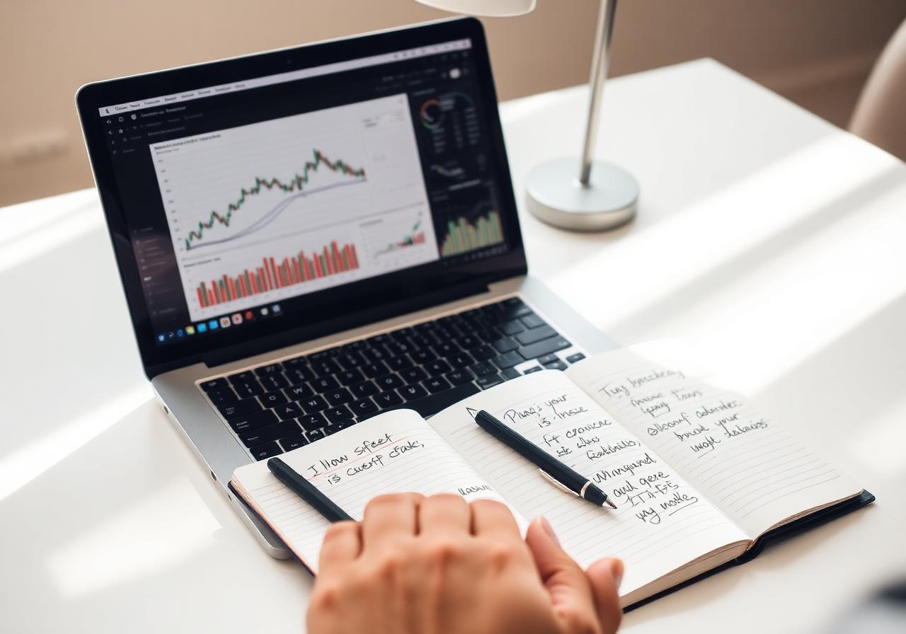 Analyst reviewing charts and a financial dashboard on a laptop