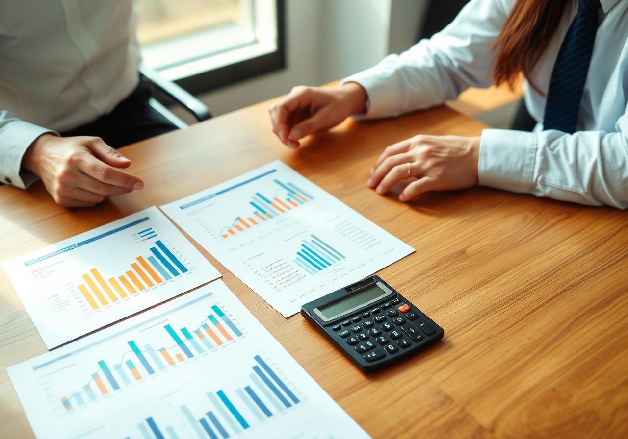 Strategy session with printed financial forecasts and a calculator