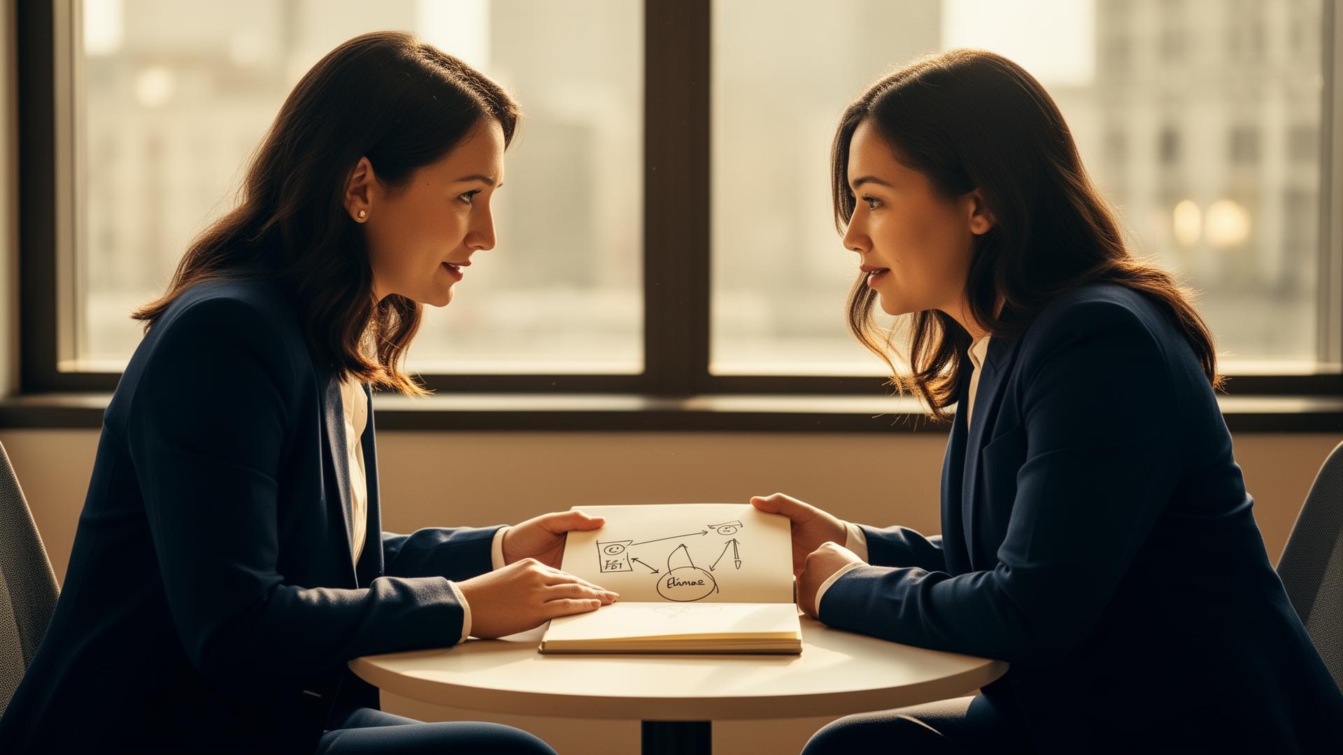 A manager and team member sitting across a small table in warm window light, leaning toward an open notebook with a simple hand-drawn diagram, moving from vague expectations toward shared clarity