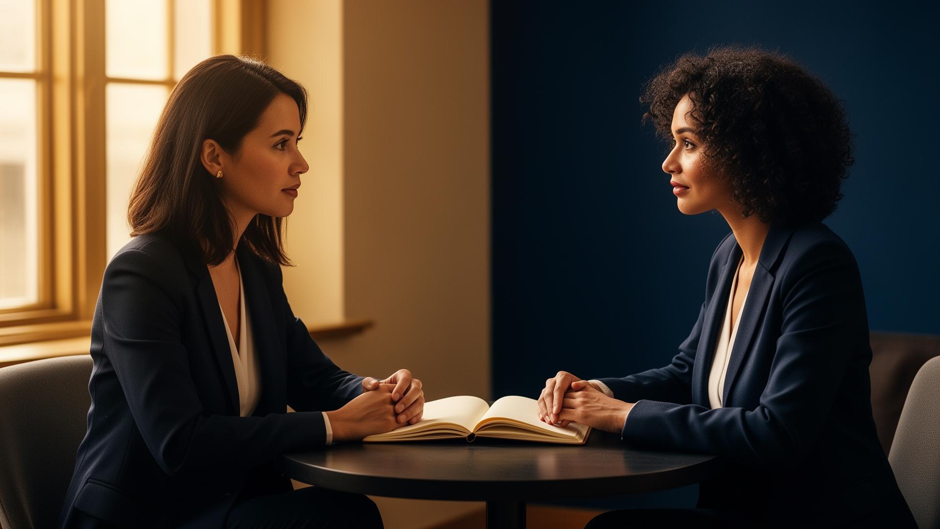 Two professionals seated across a small round table in warm window light, holding a calm, constructive one-on-one conversation with an open notebook between them
