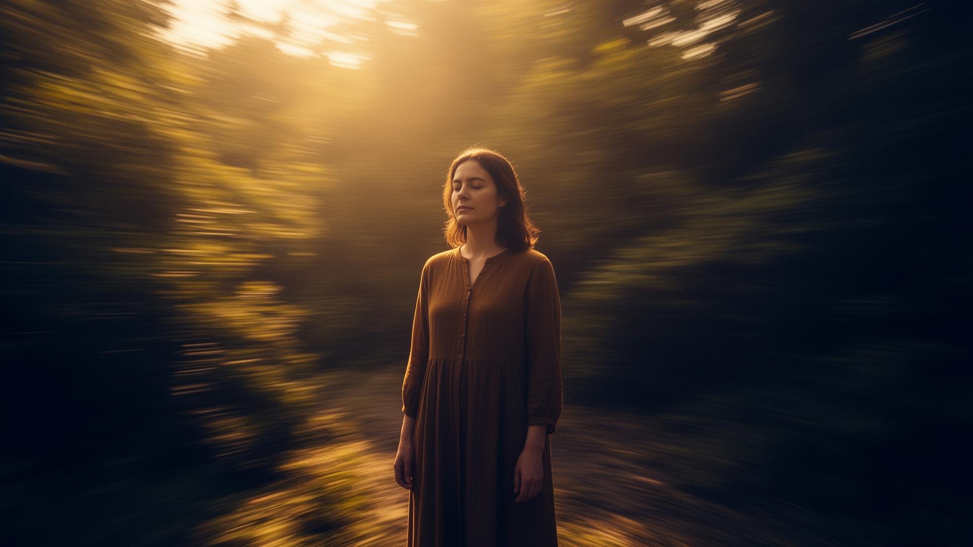 A calm, grounded person standing still in soft golden light while the world blurs in motion around them, evoking inner stillness amid change