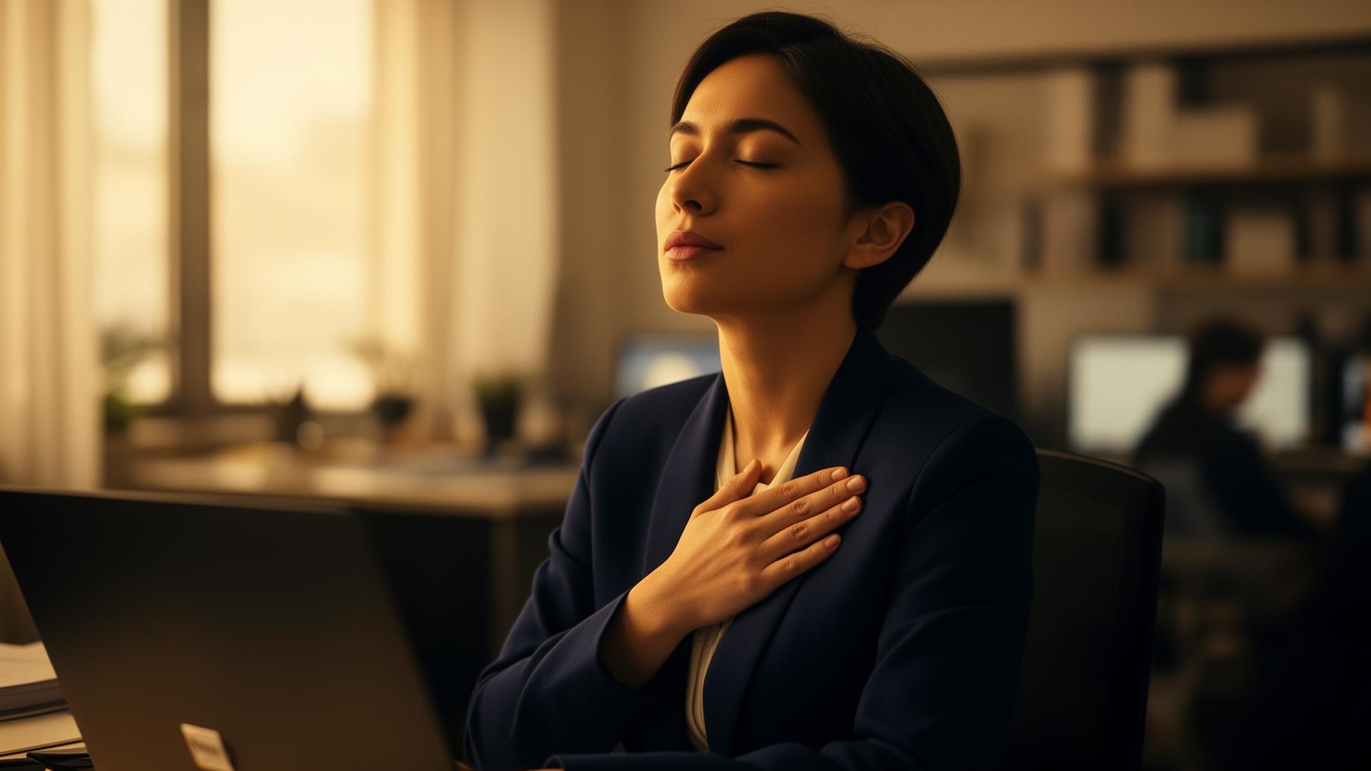 A professional pausing at their desk with eyes softly closed and a hand resting near the chest, taking a centered breath in warm golden light while a busy office blurs in the background