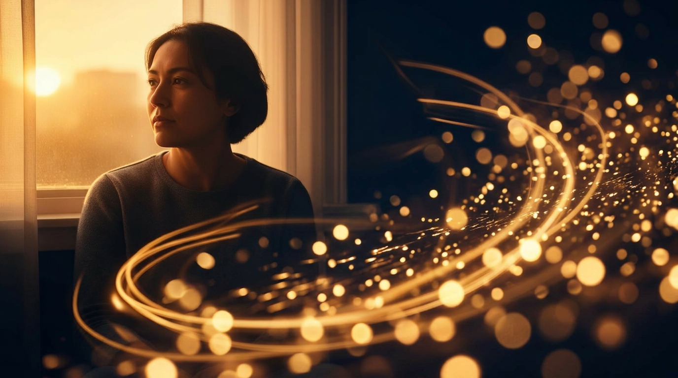 A calm person sitting by a window at golden hour with a soft thoughtful expression, surrounded by a warm swirl of glowing light streaks and bokeh against a deep navy background, evoking inner stillness amid outer noise
