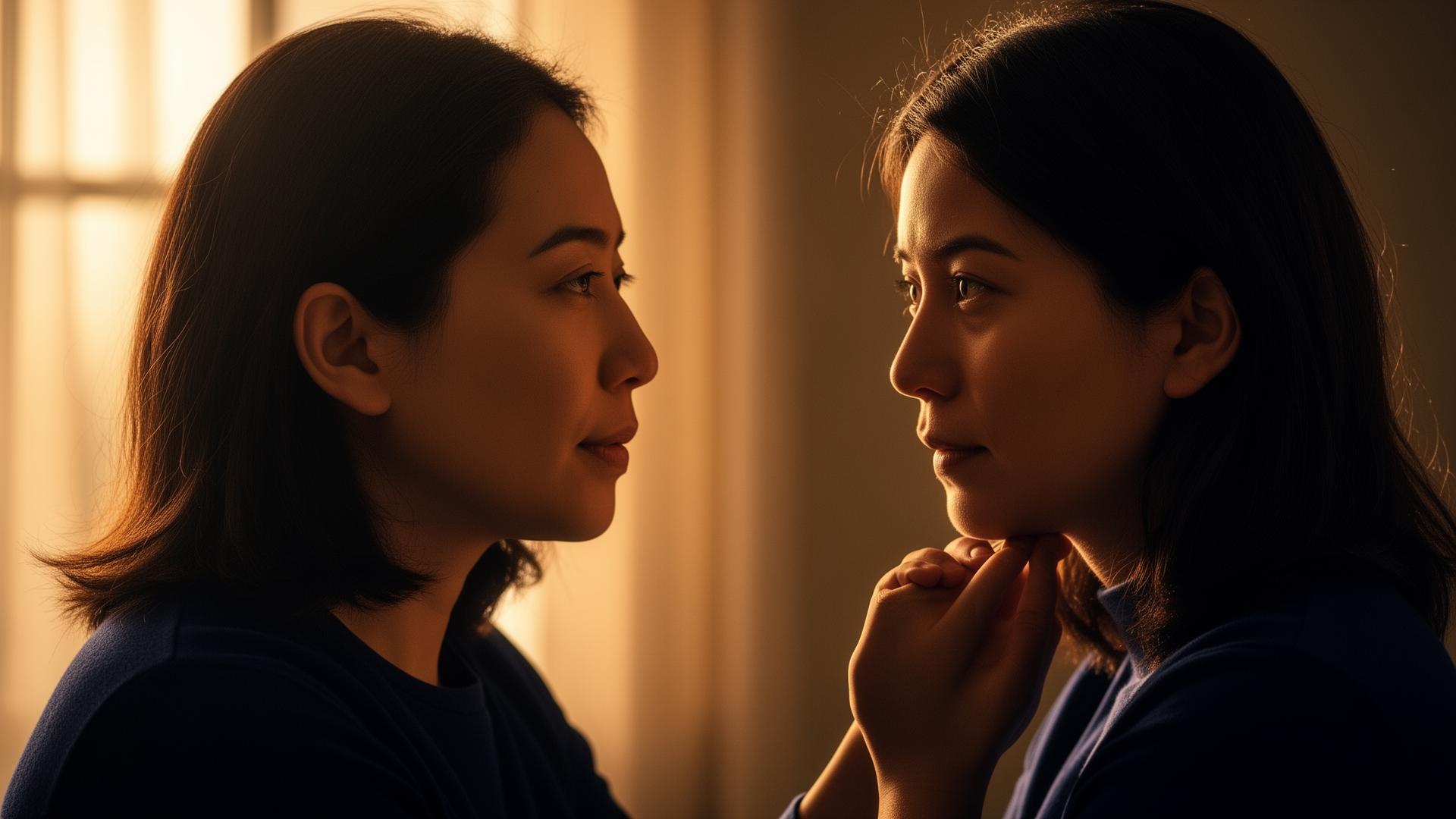 Two people in quiet, attentive conversation bathed in warm golden window light, conveying empathy and the unseen weight people carry