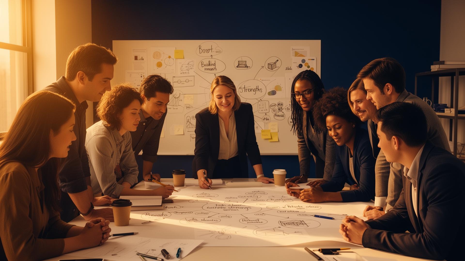 A diverse team gathered around a shared whiteboard and table, collaborating and building on each other's strengths in warm golden light with deep navy accents