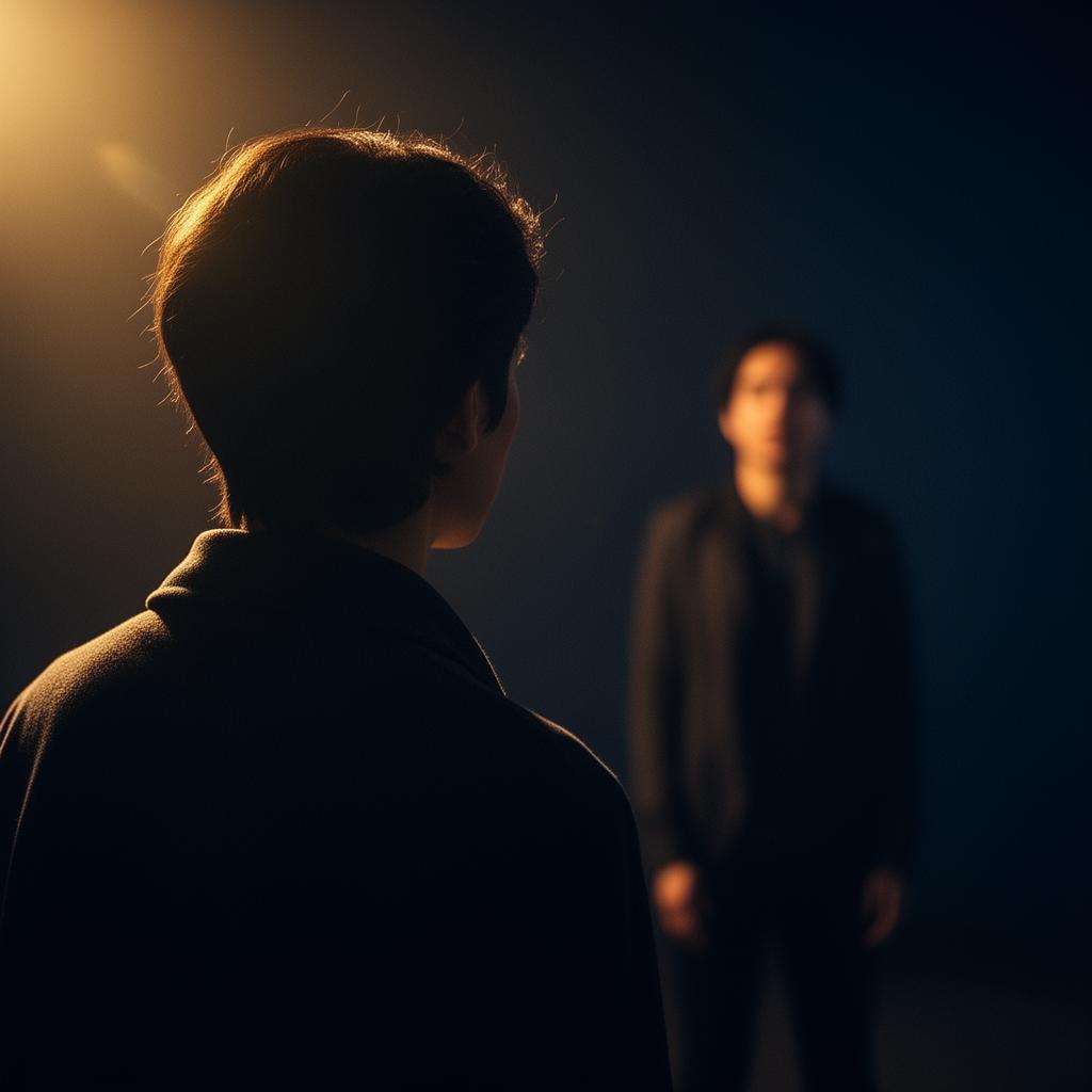 A thoughtful person seen in soft silhouette in warm golden light, looking toward another figure softly blurred in the distance against a deep navy background, evoking the act of looking beyond the surface to the fuller story behind someone's behavior