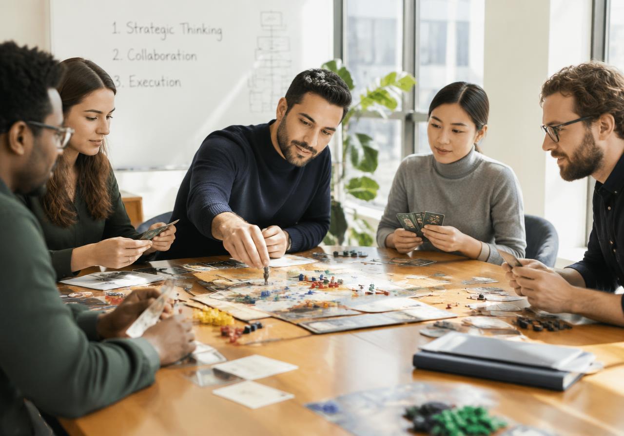 Team playing a strategic tabletop simulation around a conference table