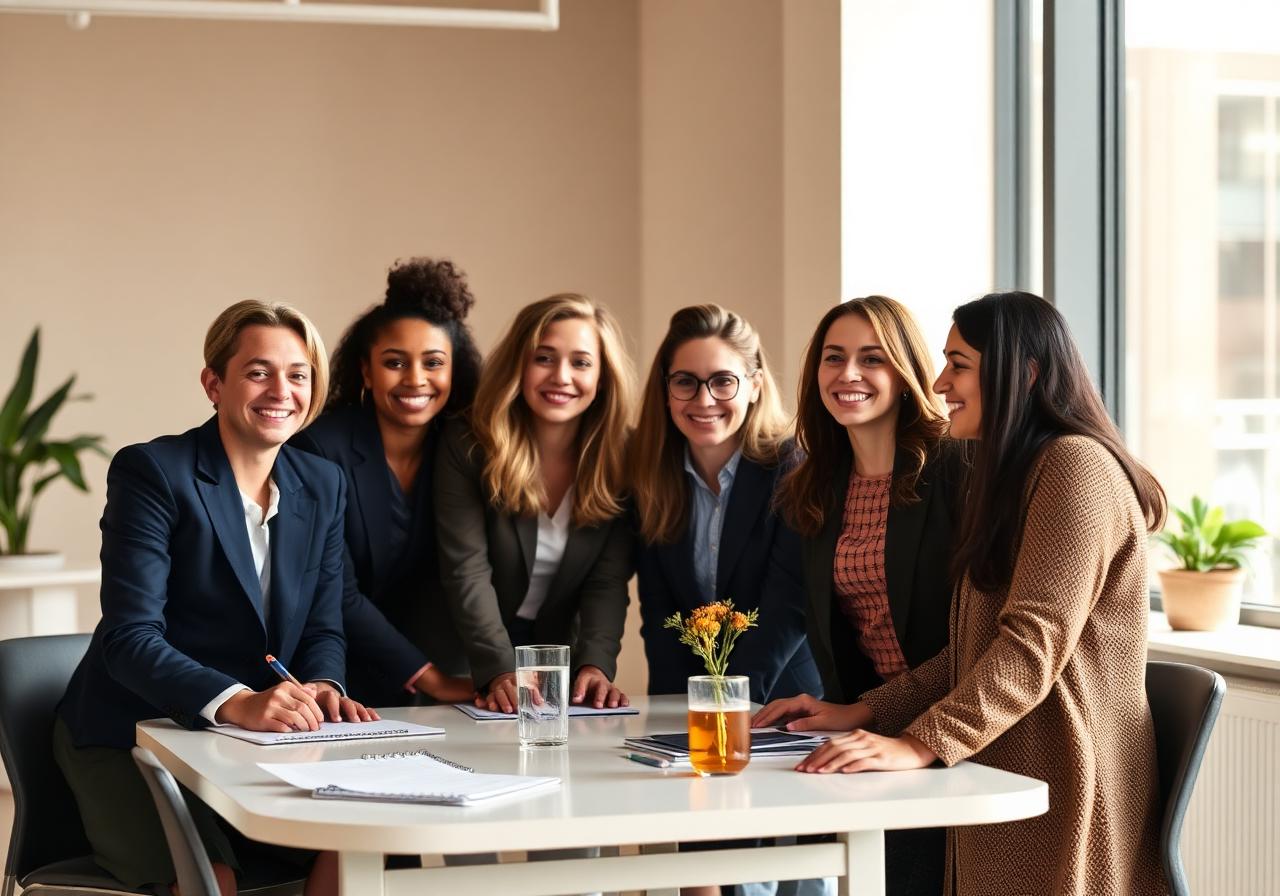 Diverse team collaborating around a meeting table