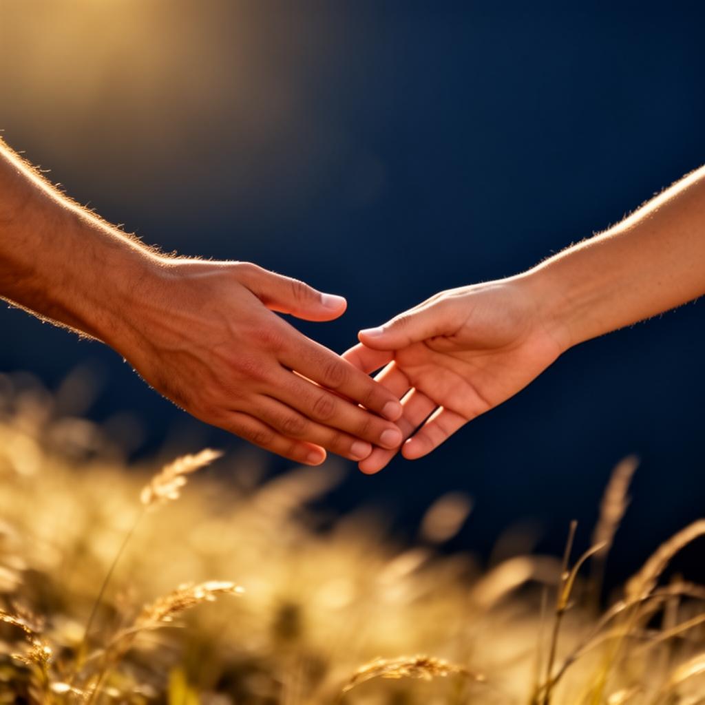 Two warm human hands reaching toward each other in golden light against a deep navy background, evoking connection and the space between people